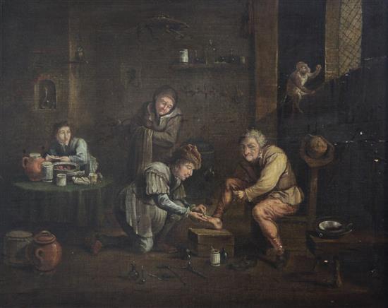 After Adriaen Brouwer Interior with a surgeon attending to a mans foot 15.5 x 19.5in.